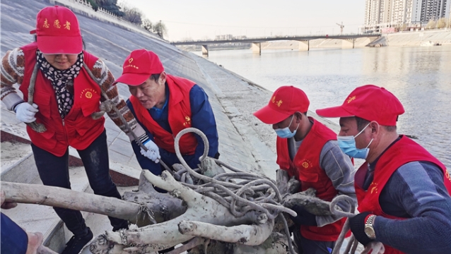 志愿者清理沙潁河堤坡垃圾